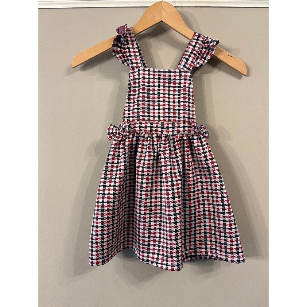 Nannette Kids Red Blue Houndstooth Plaid Pinafore Jumper Dress Ruffle Bows 4T